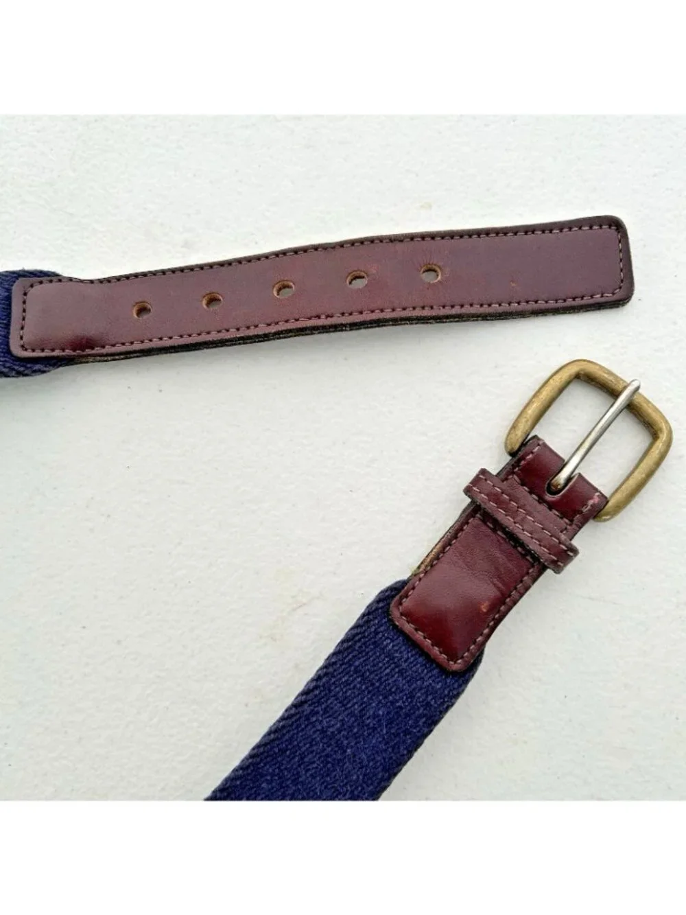Vintage Navy Mahogany Webbed Leather Belt Netherlands Men’s Size 32 Brass Buckle